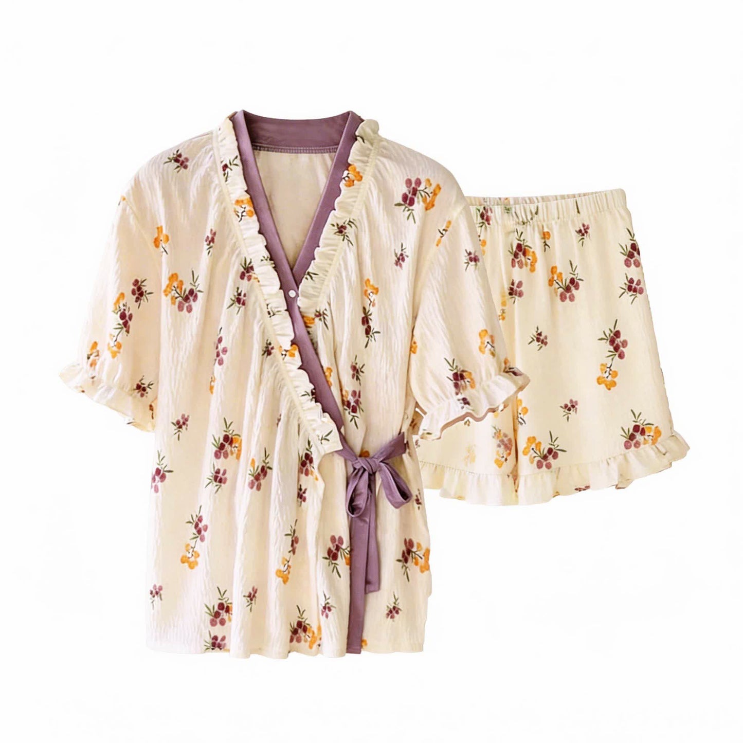 Rustikales Pyjama-Set mit Rüschenärmeln in Beerenfarben - image 5