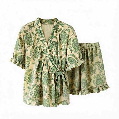 Erfrischender grüner Pyjama mit Blumenmuster und Rüschenärmeln - image 5