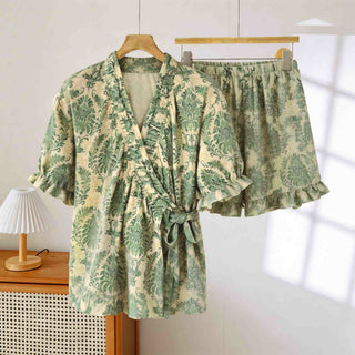 Erfrischender grüner Pyjama mit Blumenmuster und Rüschenärmeln - Grün & Gelb - XXL - image 0