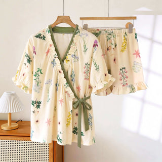Hortensien-Pyjama mit Rüschenärmeln - Beige & Rot - XXXL - image 0