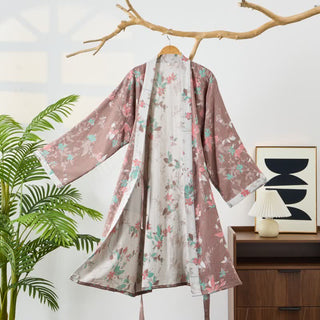 Kimono-Bademantel aus Baumwollgaze mit Vintage-Blumenmuster - Braun - L - image 0