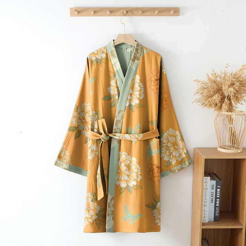 Kimono-Bademantel aus Baumwollgaze mit gelber Pfingstrose - image 9