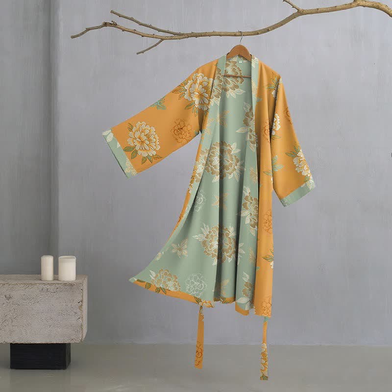 Kimono-Bademantel aus Baumwollgaze mit gelber Pfingstrose - image 7