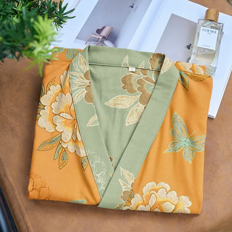 Kimono-Bademantel aus Baumwollgaze mit gelber Pfingstrose - image 10