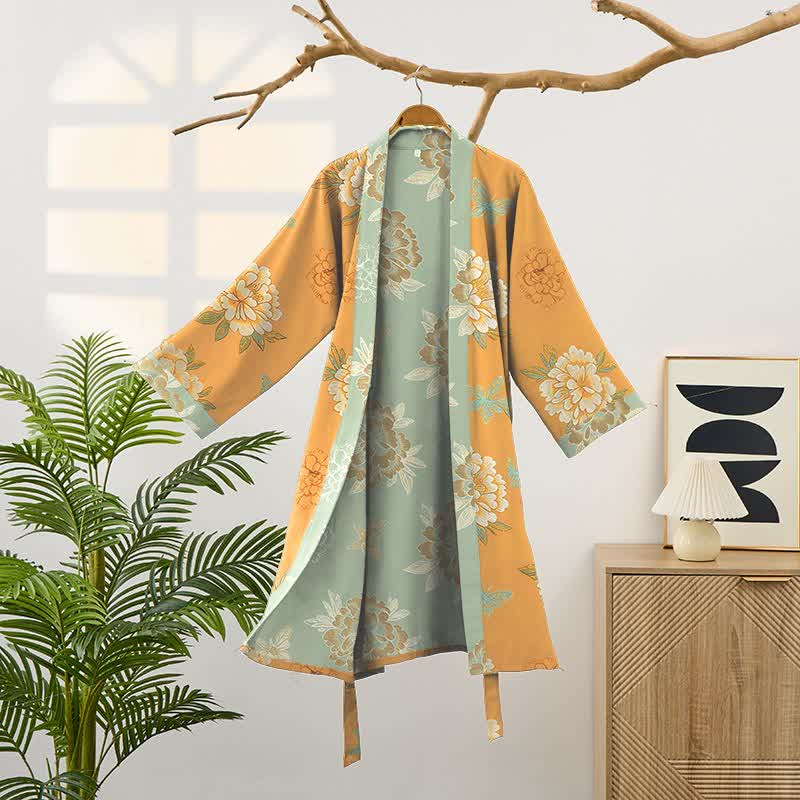 Kimono-Bademantel aus Baumwollgaze mit gelber Pfingstrose - image 8