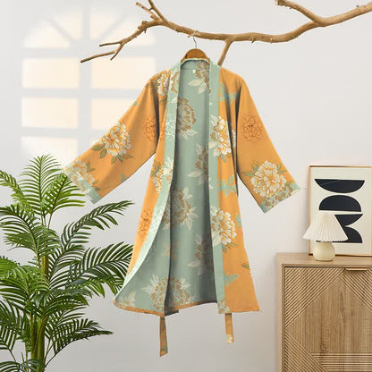 Kimono-Bademantel aus Baumwollgaze mit gelber Pfingstrose - image 8