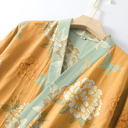 Kimono-Bademantel aus Baumwollgaze mit gelber Pfingstrose - image 11