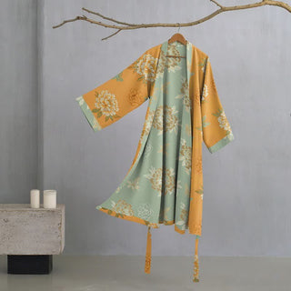 Kimono-Bademantel aus Baumwollgaze mit gelber Pfingstrose - Gelb - XL - image 0
