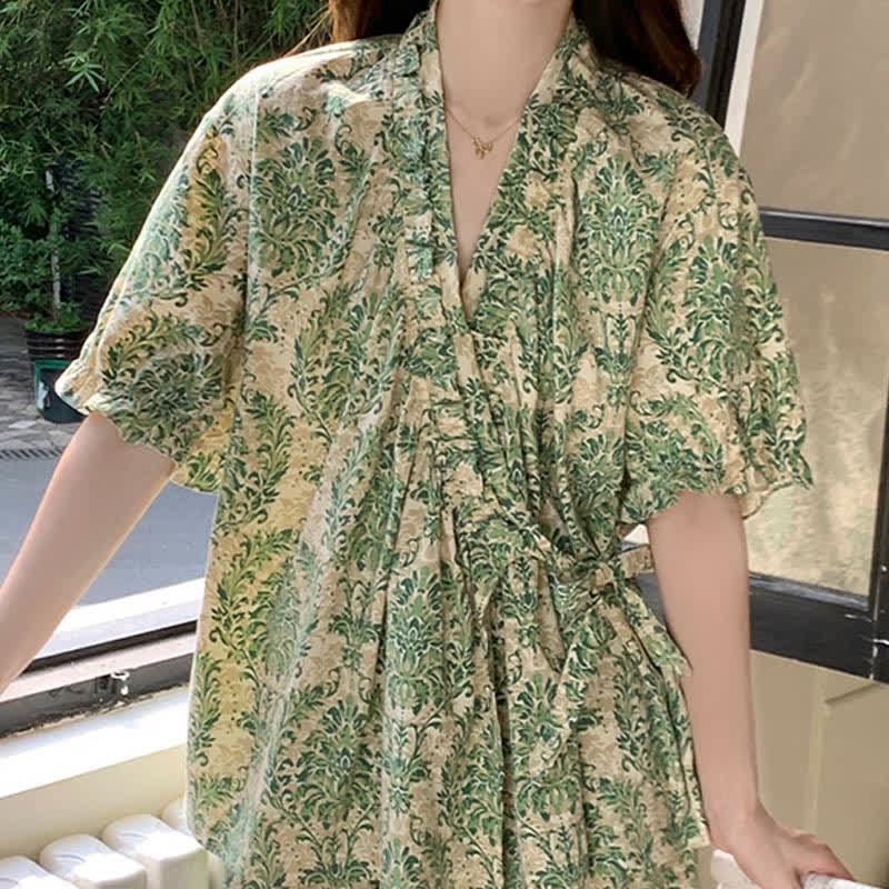 Erfrischender grüner Pyjama mit Blumenmuster und Rüschenärmeln - image 3