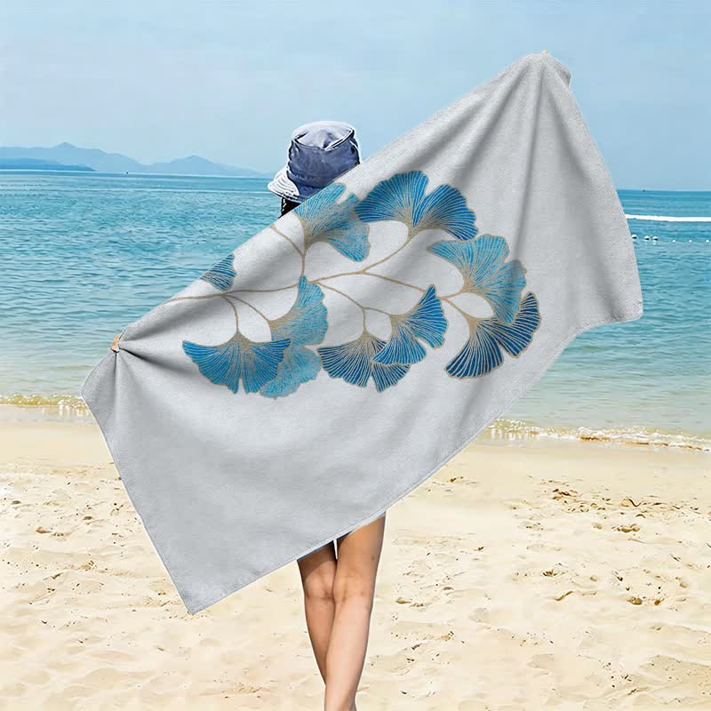 Elegantes Strandtuch mit blauem Ginkgoblatt - Graublau - 150 cm x 70 cm - image 0