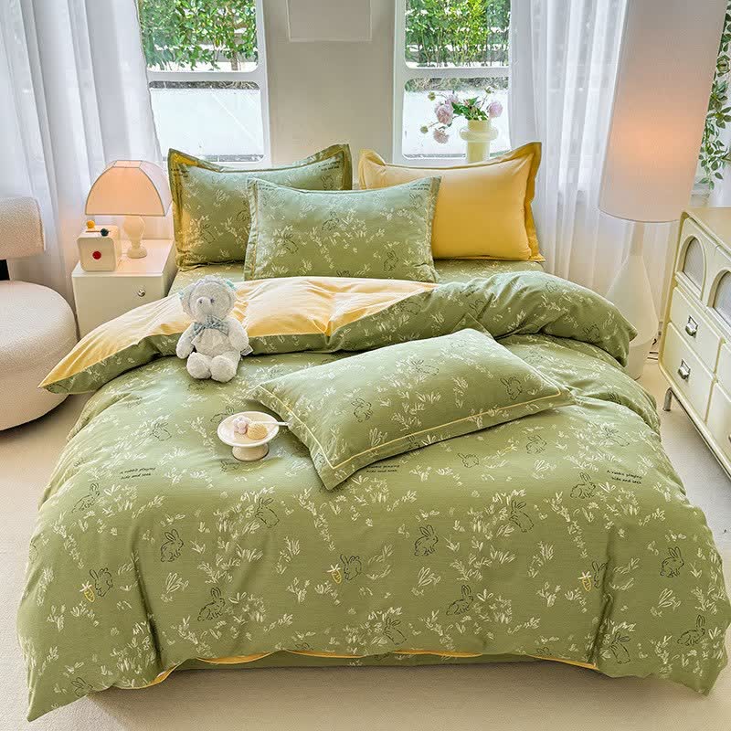 Bettwäsche-Set aus gebürsteter Baumwolle mit Hasen- und Blattmotiven - image 1