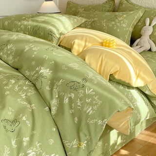 Bettwäsche-Set aus gebürsteter Baumwolle mit Hasen- und Blattmotiven - Grün - Bettwäscheset (4-teilig) - 220cm x 240cm - image 0
