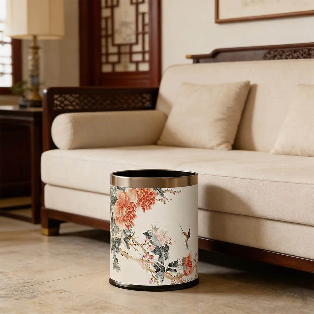 Mülleimer aus Leder im Chinoiserie-Stil mit Pfingstrose und Singvogel-Motiv - image 2