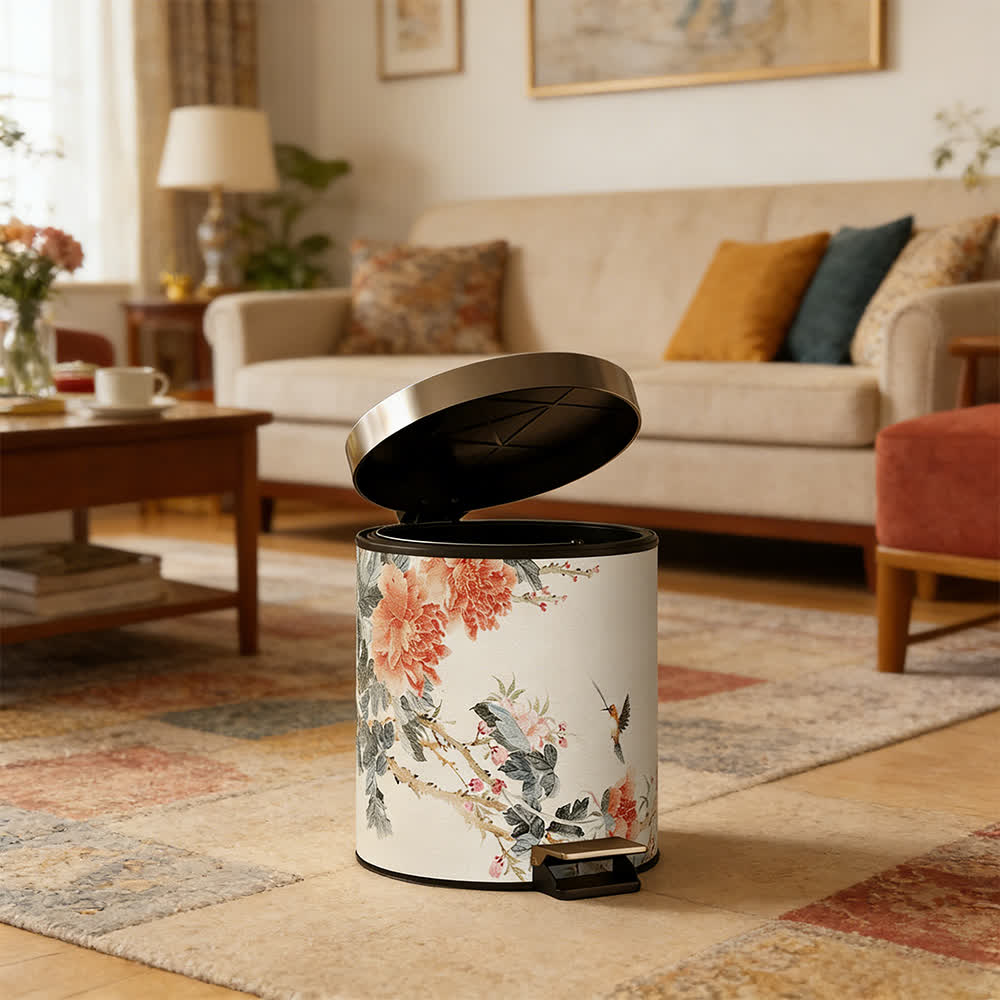 Mülleimer aus Leder im Chinoiserie-Stil mit Pfingstrose und Singvogel-Motiv - image 6