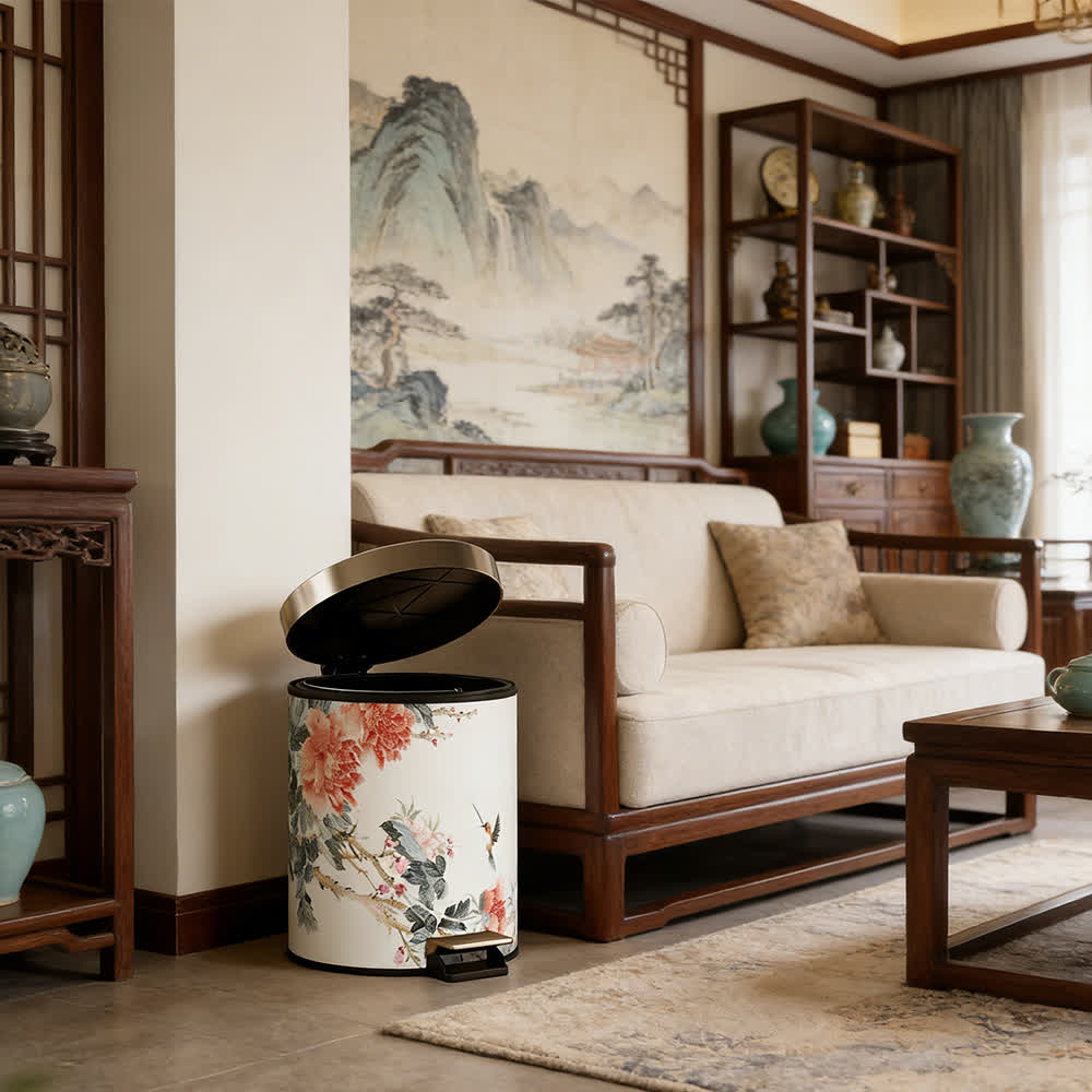 Mülleimer aus Leder im Chinoiserie-Stil mit Pfingstrose und Singvogel-Motiv - image 7