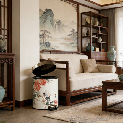 Mülleimer aus Leder im Chinoiserie-Stil mit Pfingstrose und Singvogel-Motiv - image 7