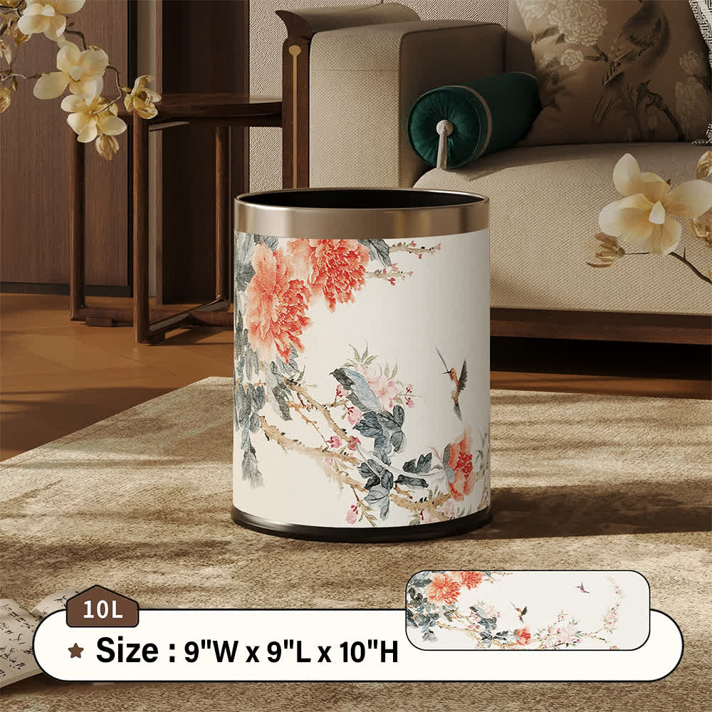 Mülleimer aus Leder im Chinoiserie-Stil mit Pfingstrose und Singvogel-Motiv - Standard - 22.5 x 22.5 x 26cm - image 3