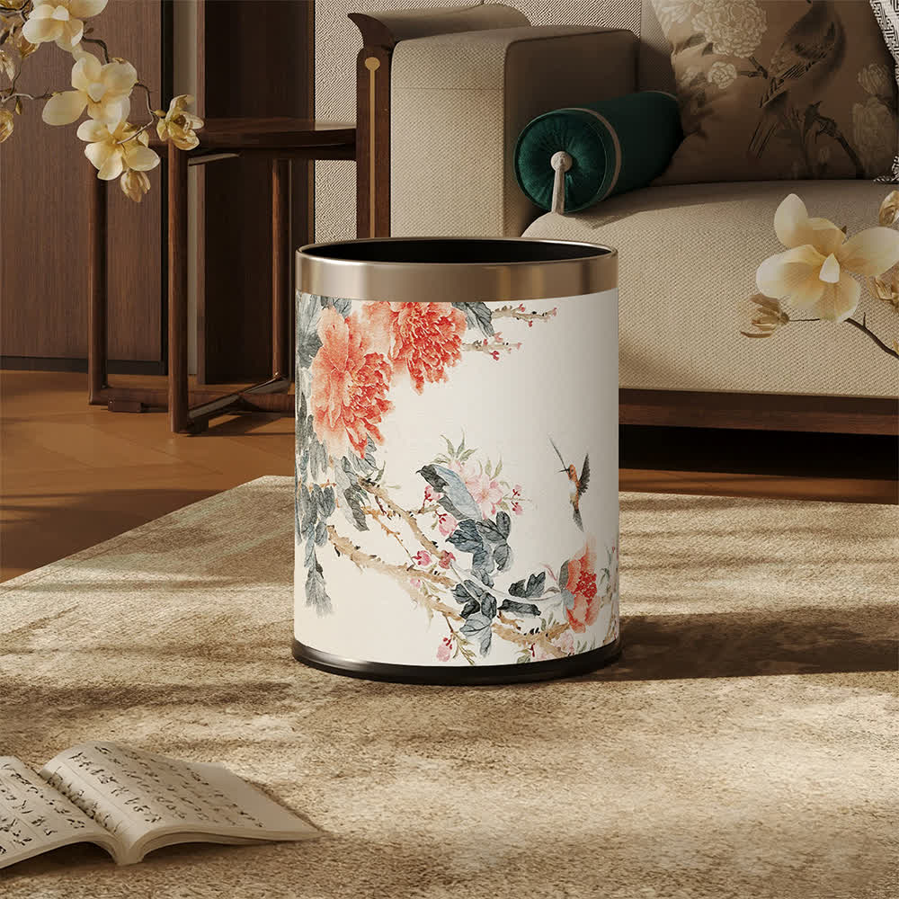 Mülleimer aus Leder im Chinoiserie-Stil mit Pfingstrose und Singvogel-Motiv - image 0