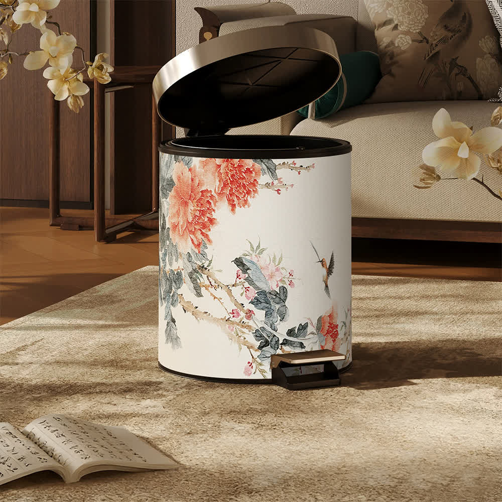 Mülleimer aus Leder im Chinoiserie-Stil mit Pfingstrose und Singvogel-Motiv - image 4