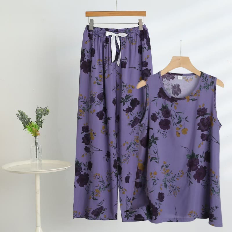 Lila geblümter Pyjama mit Tanktop und Hose - Lila - 5XL - image 0