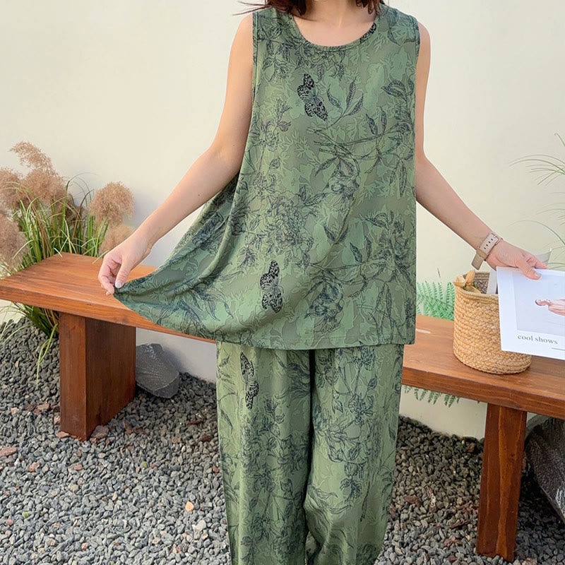 Schlafanzug mit grünem Blumenmuster und Schmetterlings-Tanktop und Hose - image 1