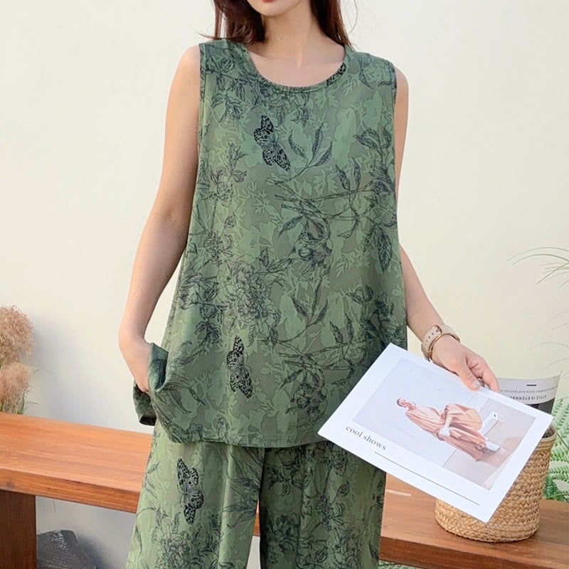 Schlafanzug mit grünem Blumenmuster und Schmetterlings-Tanktop und Hose - image 2