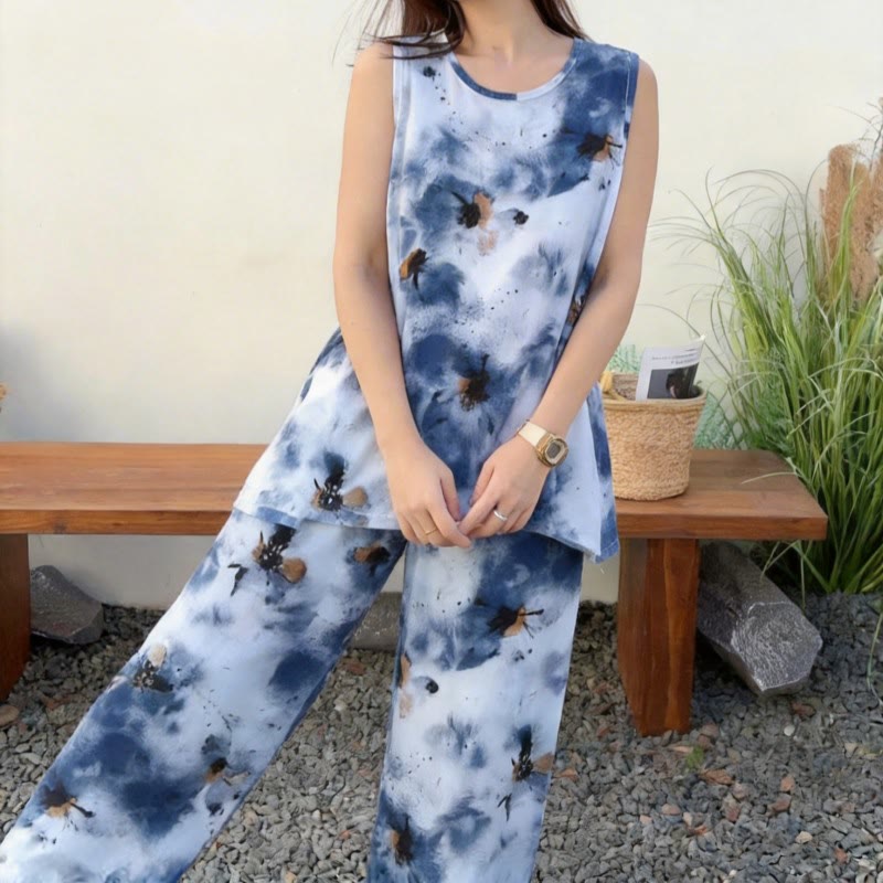 Blaues Batik-Pyjama-Set aus Tanktop und Hose - image 3