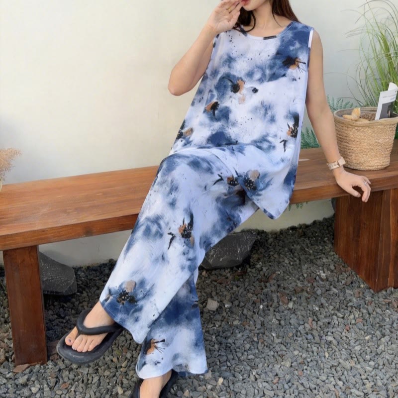 Blaues Batik-Pyjama-Set aus Tanktop und Hose - image 1