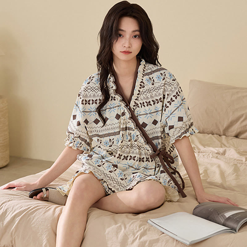 Pyjama-Set mit geometrischem Muster und floralen Rüschenärmeln - image 3