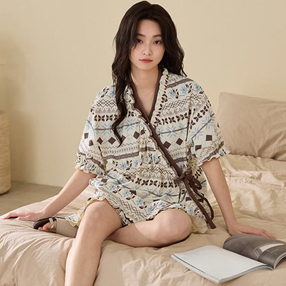 Pyjama-Set mit geometrischem Muster und floralen Rüschenärmeln - image 3