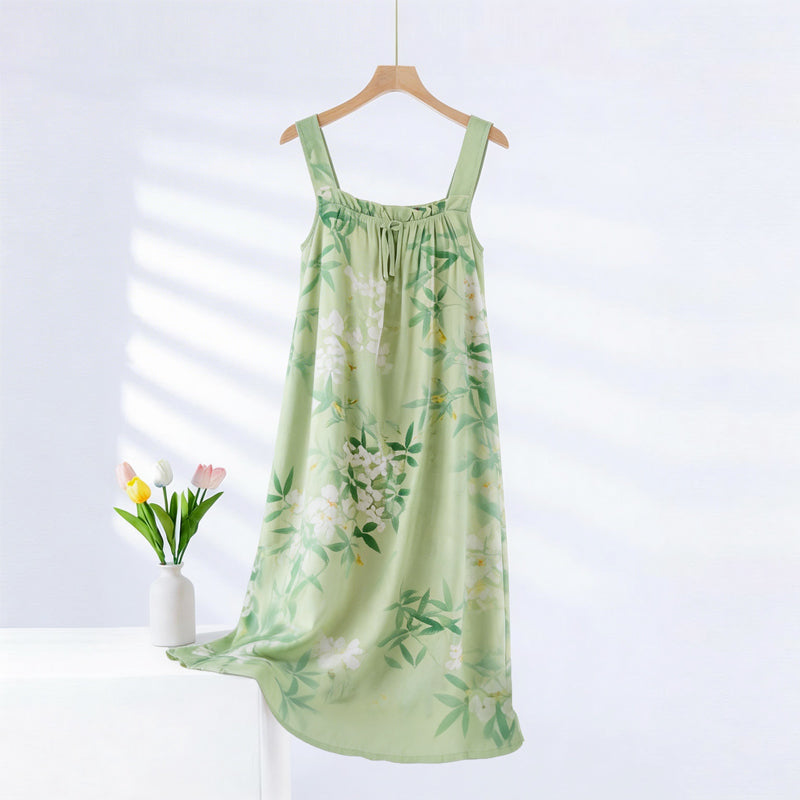 Ärmelloses Nachthemd mit grünen Blättern und Blumen - image 0