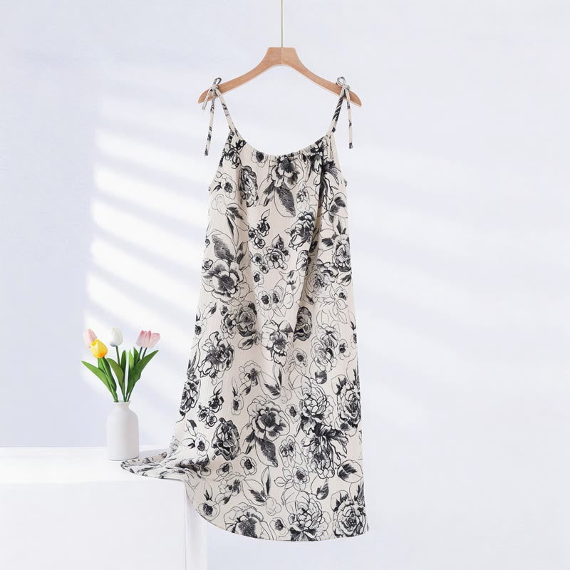 Nachthemd aus Baumwolle mit künstlerischem Tintenmuster und Blumenmuster - Beige & Schwarz - XXL - image 0