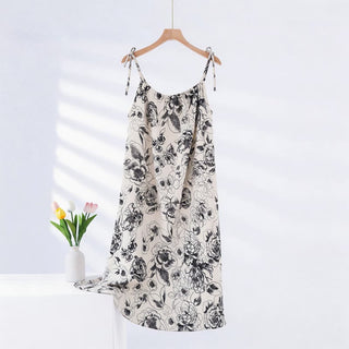 Nachthemd aus Baumwolle mit künstlerischem Tintenmuster und Blumenmuster - Beige & Schwarz - XXL - image 0