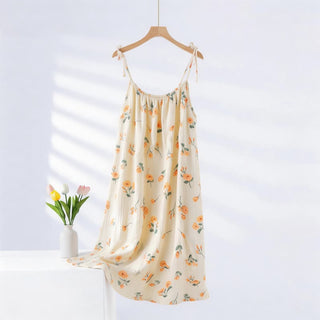 Orangefarbenes Nachthemd aus Baumwollgaze mit Blumenmuster - Beige - L - image 0
