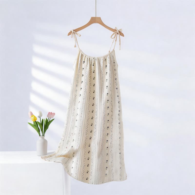 Gestreiftes, geblümtes Camisole-Nachthemd aus Baumwollgaze - Beige - XXL - image 0