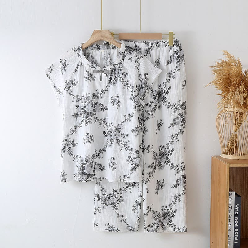 Vintage-Pyjama-Set aus Baumwollgaze mit Pfingstrosenmuster - Grau - XL - image 9