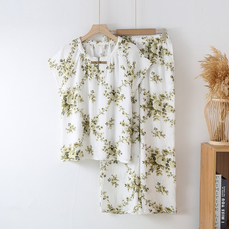 Vintage-Pyjama-Set aus Baumwollgaze mit Pfingstrosenmuster - Grün - XL - image 1