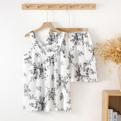 Ärmelloser Pyjama-Set aus Baumwollgaze mit Pfingstrosenmuster - Grau - XL - image 3
