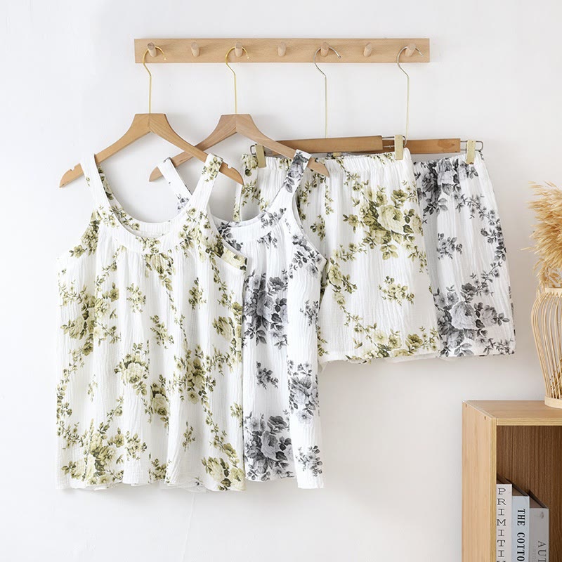 Ärmelloser Pyjama-Set aus Baumwollgaze mit Pfingstrosenmuster - image 0