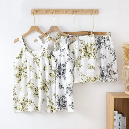 Ärmelloser Pyjama-Set aus Baumwollgaze mit Pfingstrosenmuster - image 0