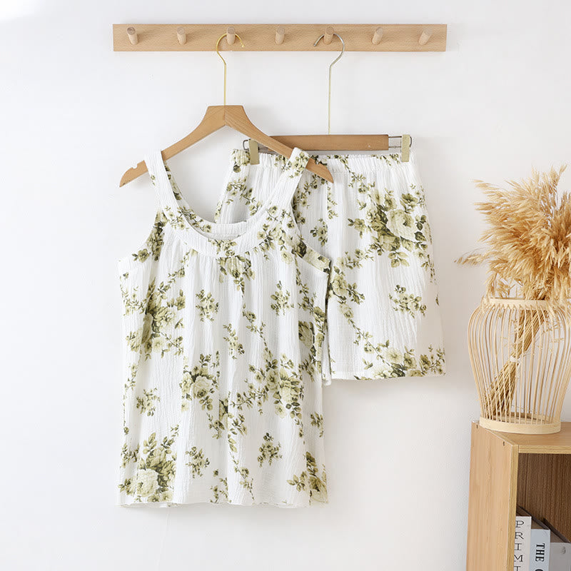 Ärmelloser Pyjama-Set aus Baumwollgaze mit Pfingstrosenmuster - Grün - XL - image 1