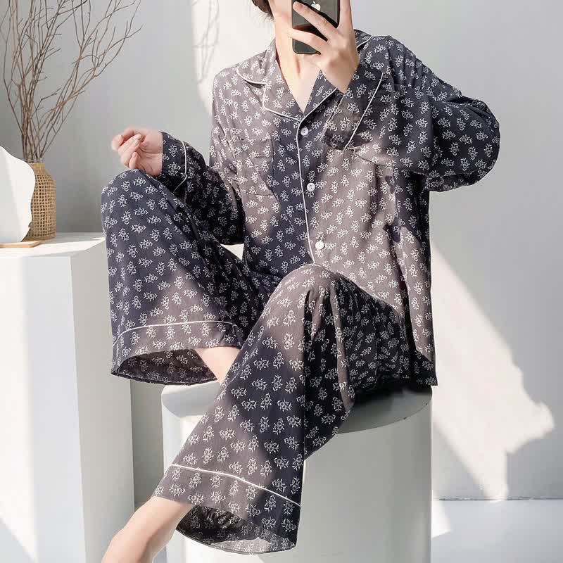 Vintage-Pyjama-Set im rustikalen Blumenstil - Marineblau - XXL - image 0