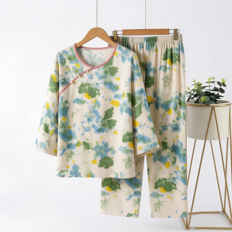 Orientalisches Pyjama-Set mit künstlerischem Aquarell-Design - Grün & Beige - 4XL - image 0