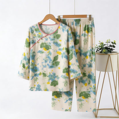 Orientalisches Pyjama-Set mit künstlerischem Aquarell-Design - Grün & Beige - 4XL - image 0