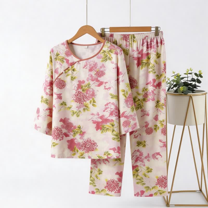 Orientalisches rosa Pyjama-Set mit Blumenmuster - Rosa - 4XL - image 0