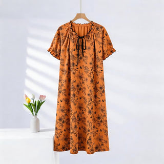 Nachthemd aus Baumwolle mit botanischem Schmetterlingsmotiv, Rüschenkragen - Karamell - XXL - image 0