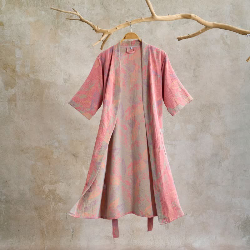 Künstlerischer Baumwollbademantel mit Blättermuster, kurzärmelig - Rosa - XL - image 0
