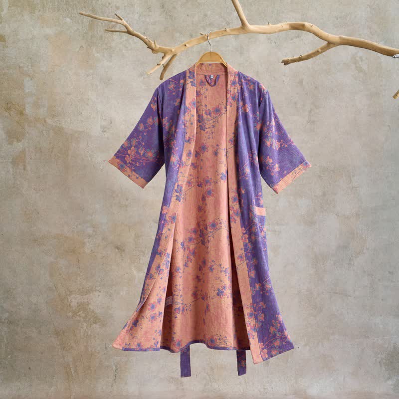 Kurzarm-Baumwollbademantel mit Zweig- und Blumenmuster - Lila - XL - image 0