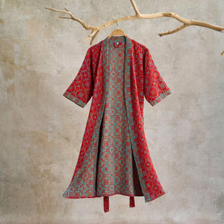 Kurzärmeliger Baumwollbademantel mit Vintage-Muster - Rot - XL - image 0