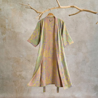 Künstlerisch gemusterter, kurzärmeliger Baumwollbademantel mit Blumenmuster - Grün - XL - image 0
